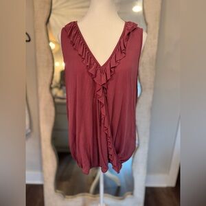 Large Sunday in Brooklyn Ruffled V-Neck Top - Burgundy by Anthropologie